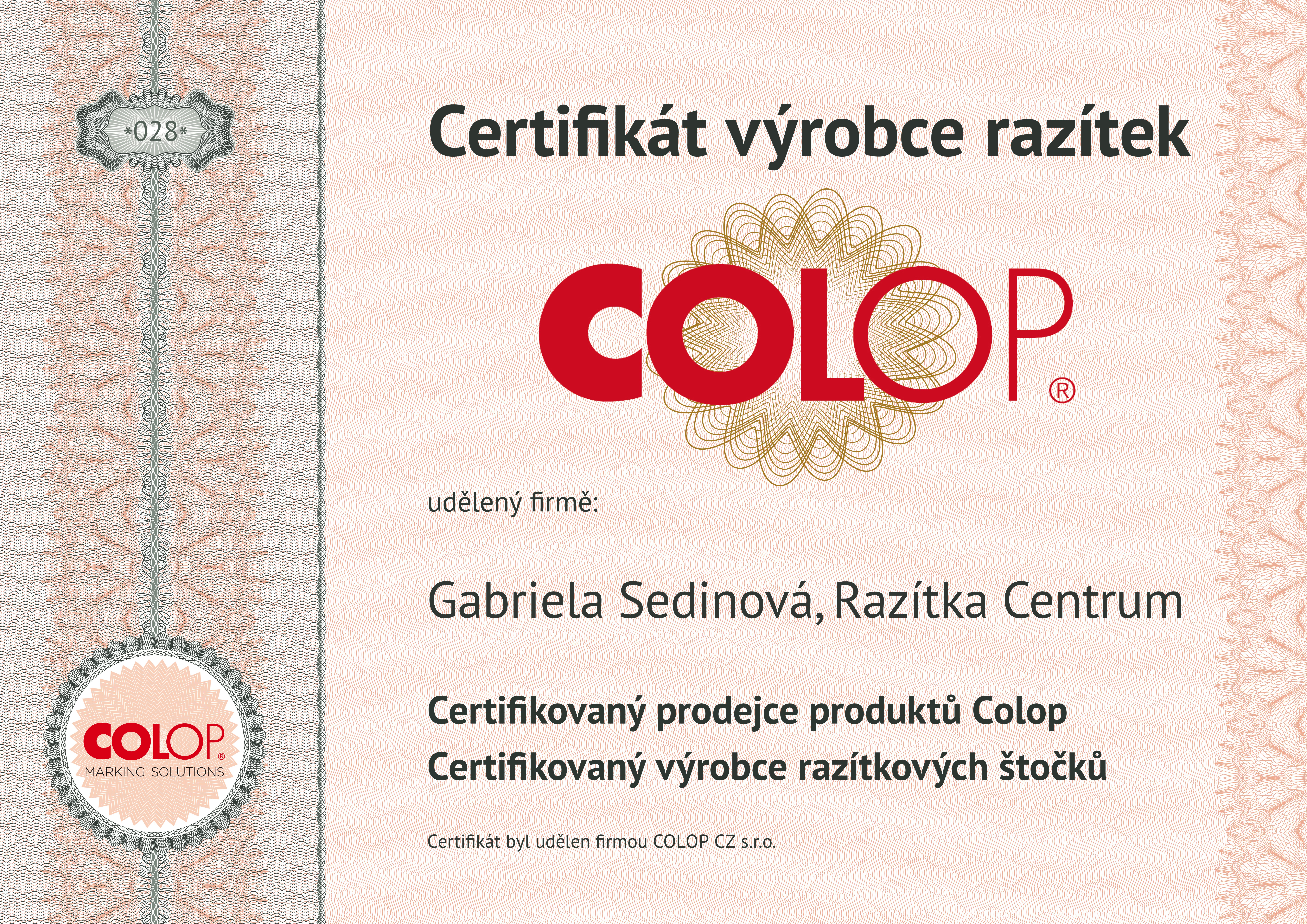 Certifikát Colop Zlat˘ GS